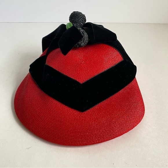 Vintage 50s Gladys & George Originals Pillbox Fascinator Hat Red Black Velvet - Picture 6 of 10
